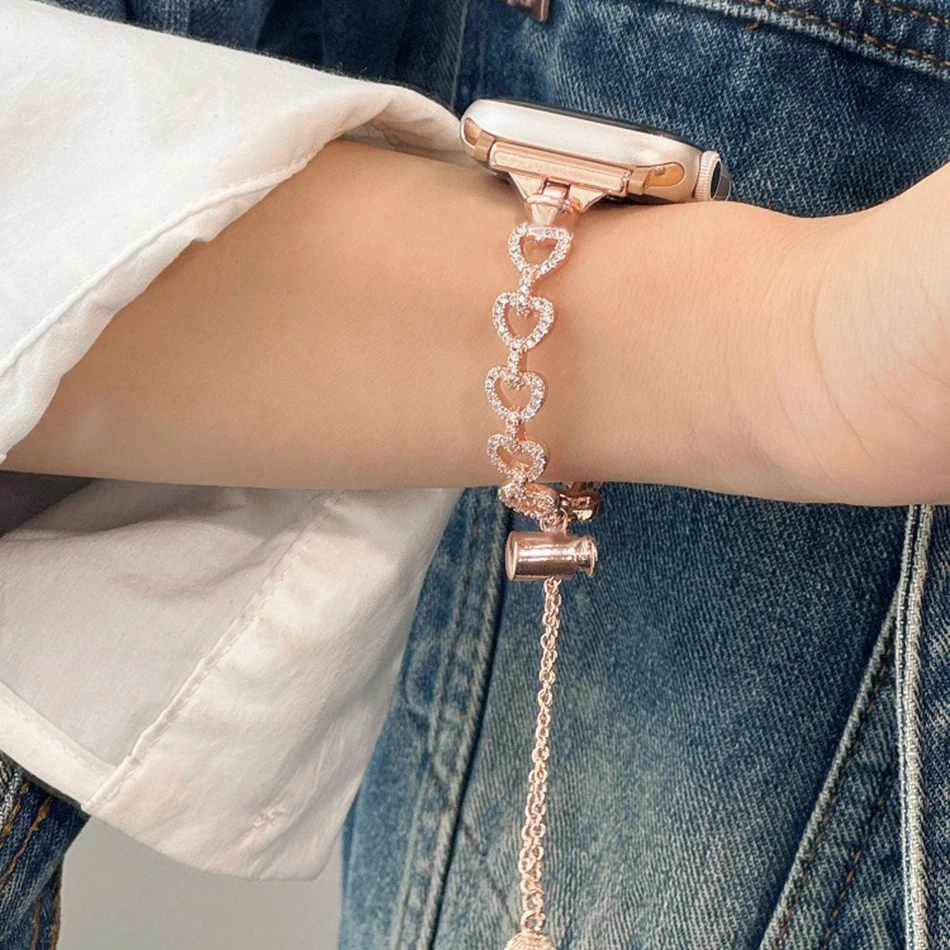 الفاخرة القلب الماس الإسورة حزام ل أبل iWatch سلسلة 10 9 8 7 6 5 4 SE الترا الفرقة 38/40/41/42/44/45/46/49 مللي متر سوار معدني