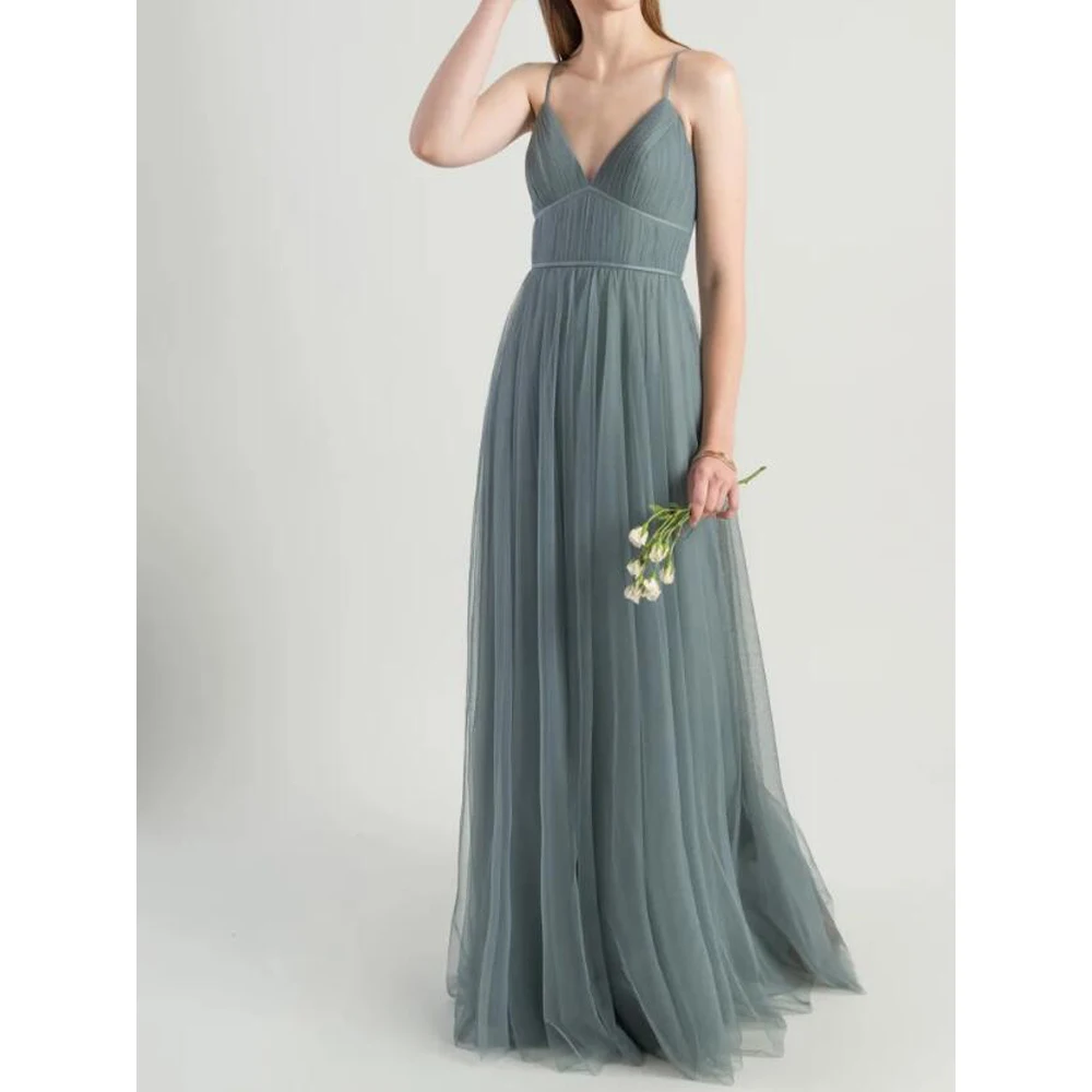 Tulle Bridesmaid Dress Long Spaghetti Sexy V-Neck Backless Wedding Party Dresses