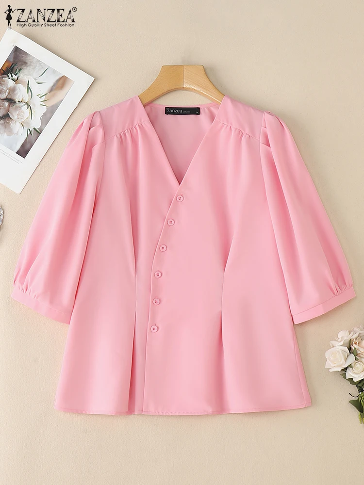 ZANZEA สตรีแฟชั่นแนวทแยงด้านหน้าเสื้อ Elegant ครึ่งพัฟแขนห่อ V คอ Cinch เอว Chemise เดินทาง Tops Streetwear