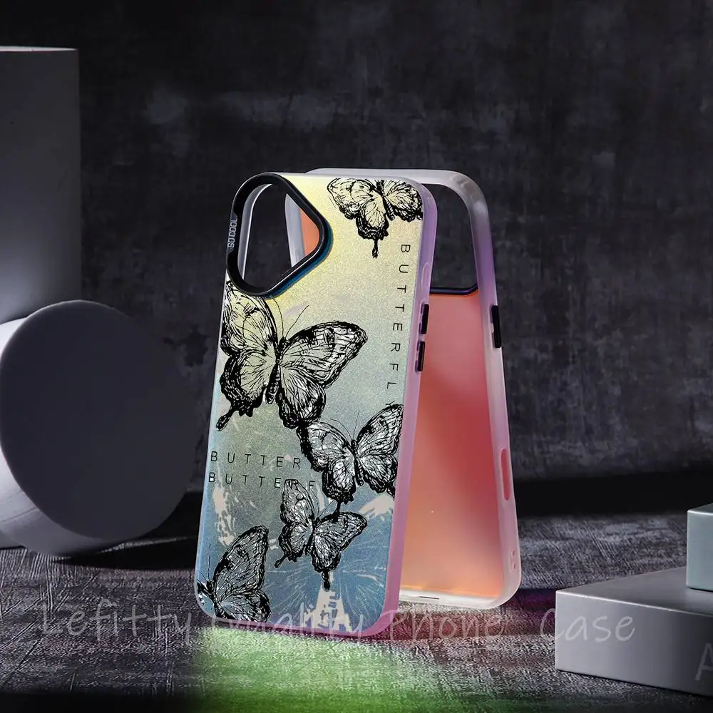 Retro Black Butterfly Fashion Phone Case For IPhone 17 16 15 14 13 12 11 Plus Pro Max Multicolor Aurora Laser Shockproof Funda