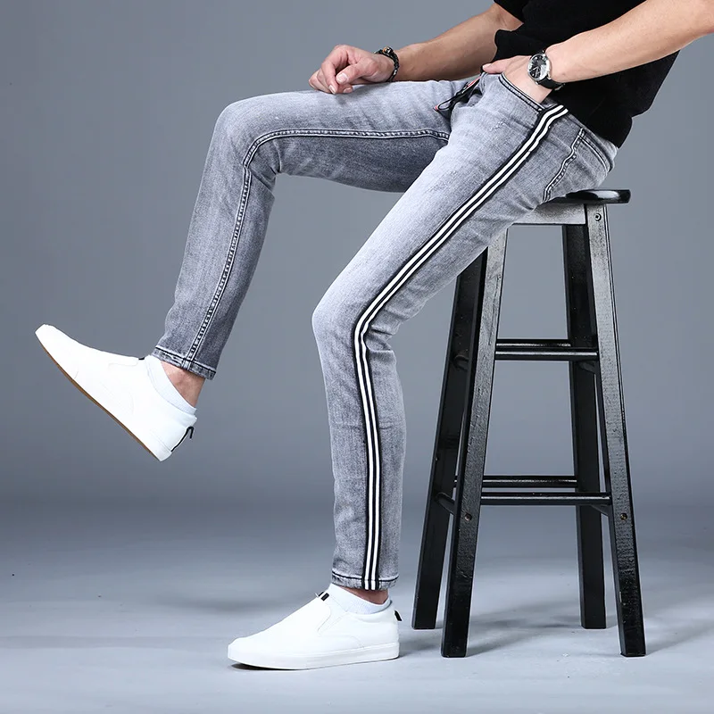 Pantalones vaqueros a rayas de alta gama para hombre, moda de estilo coreano, elásticos, suaves, ajustados, informales, versátiles, 2024