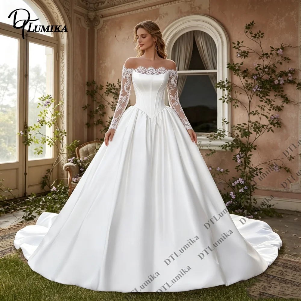 Classic Ball Gown Wedding Dress Off Shoulder Lace Long Sleeve Satin Bridal Gown Corset Bodice Princess Wedding Dress Custom Size