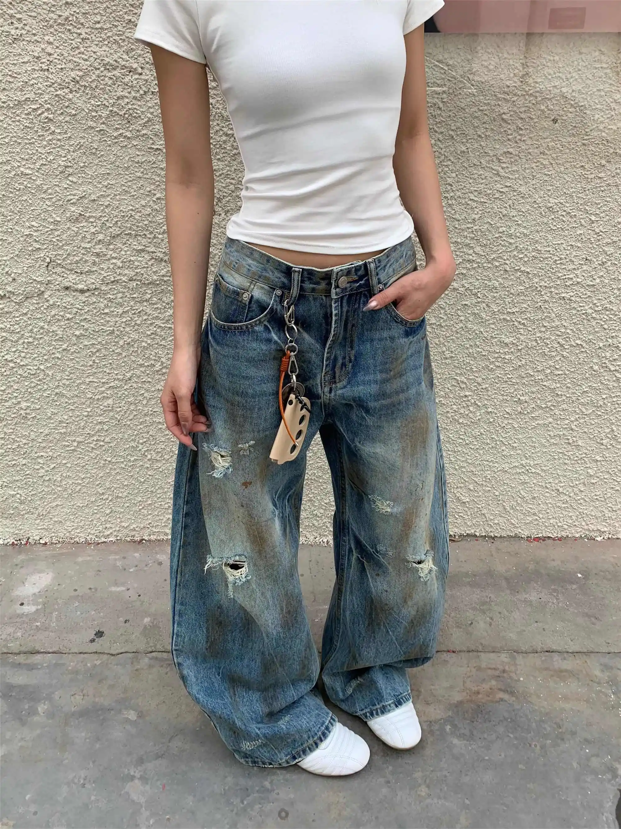 

Y2K Style Blue Jeans Printing Women Hip Hop Vintage High Waisted Jeans Straight Casual Loose Large Size Wide Leg Denim Pants