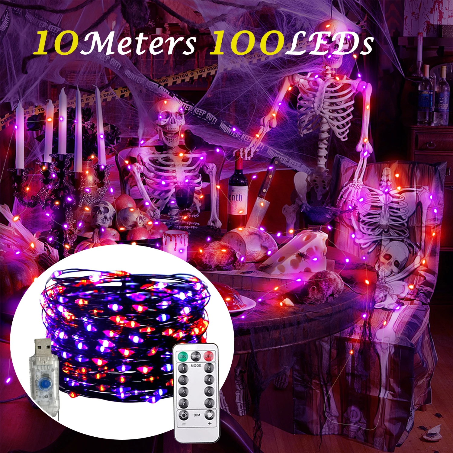 Purple and Orange Fairy String Lights Total 100/200LED USB Fairy Lights With 8 Modes Copper Black Wire For Halloween Decorations