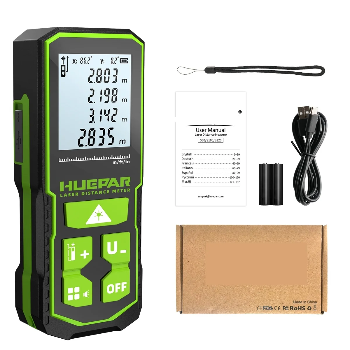 Imagem -04 - Huepar Medidor de Distância a Laser 100m Roleta Eletrônica Lcd Digital Laser Rangefinder Trena Metro Fita Medição Régua Teste Ferramentas
