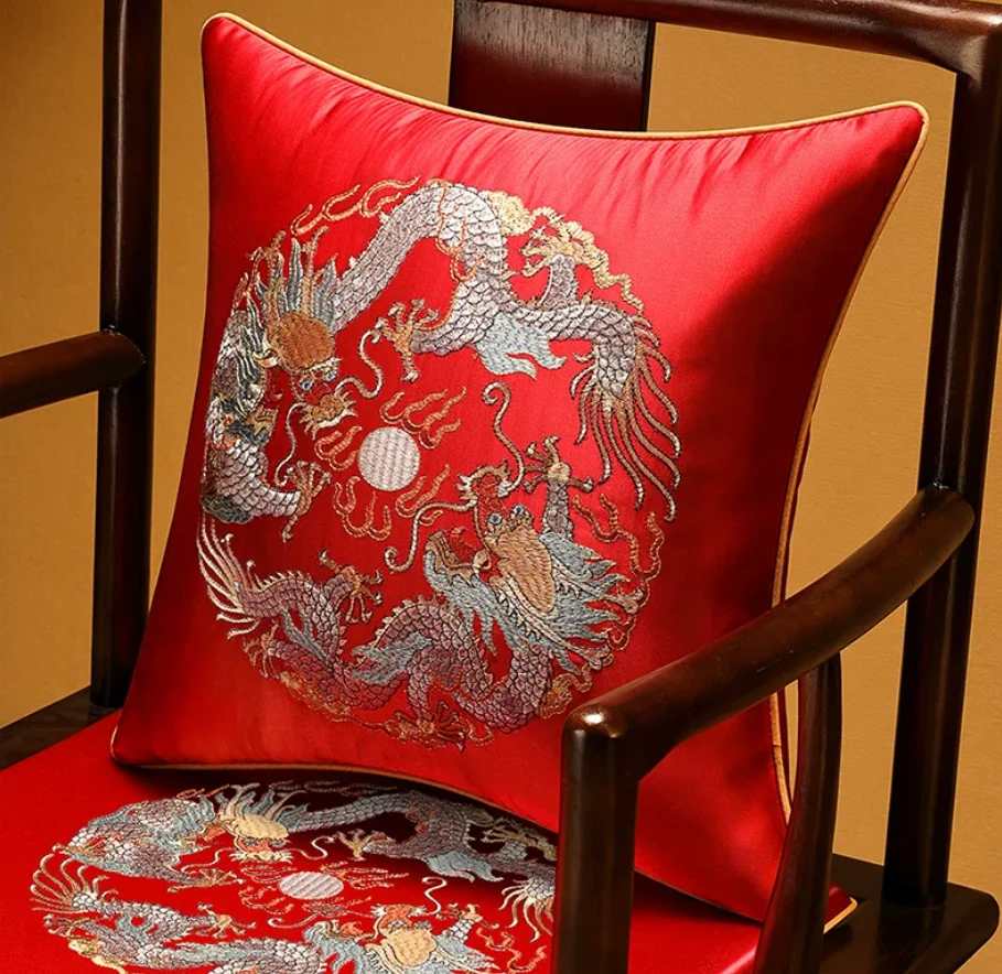Chinese Style Dragons Embroidery Throw Pillow High‑Density Satin Cushion Sofa Chair Decorative Pillows 45x45cm/50x50cm