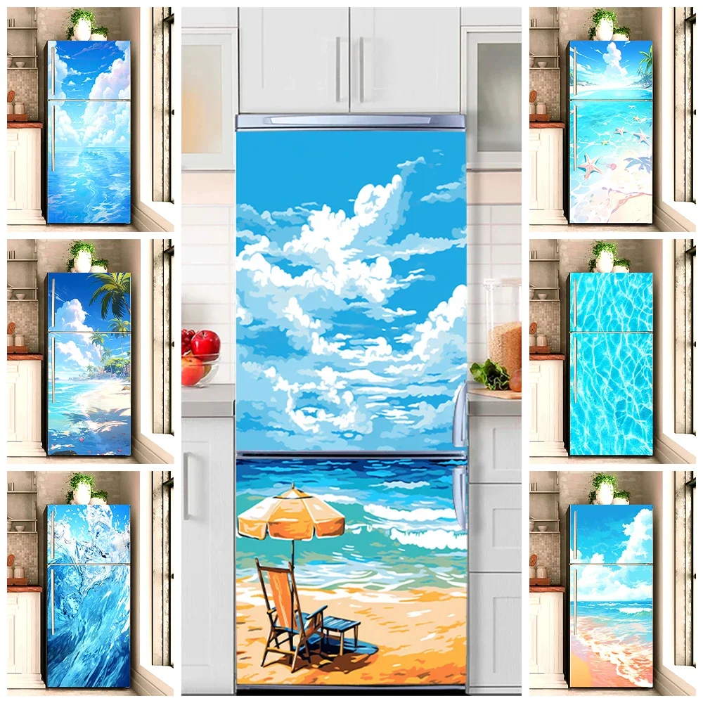 

Watercolor Anime Summer Beach Mural Refrigerator Door Sticker Cartoon Blue Sky Seaside Decorative Fridge Door Cabinet Art Decals