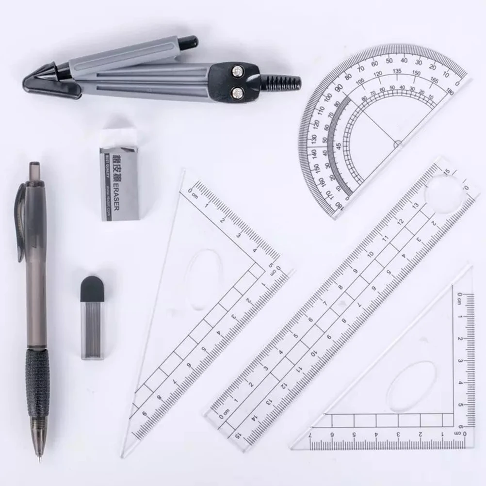 1 Set Staitionery Kit Compasses Straight Ruler Triangle Ruler Eraser Set Drawing Tools Set for Students