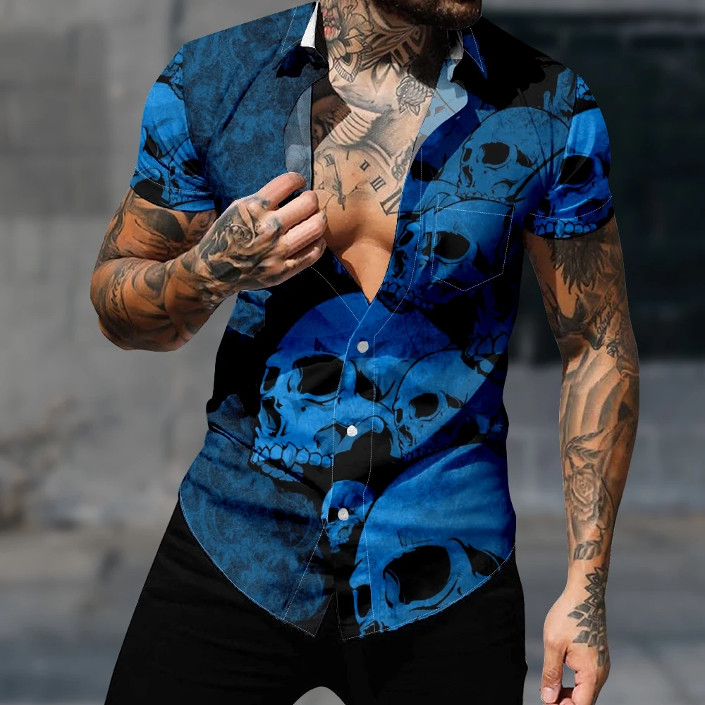 

Casual Hawaiian Shirt Short Sleeve Shirt For Men Harajuku Skull Hiphop Y2k Fashion Gothic Streetwear Cozy Clothes