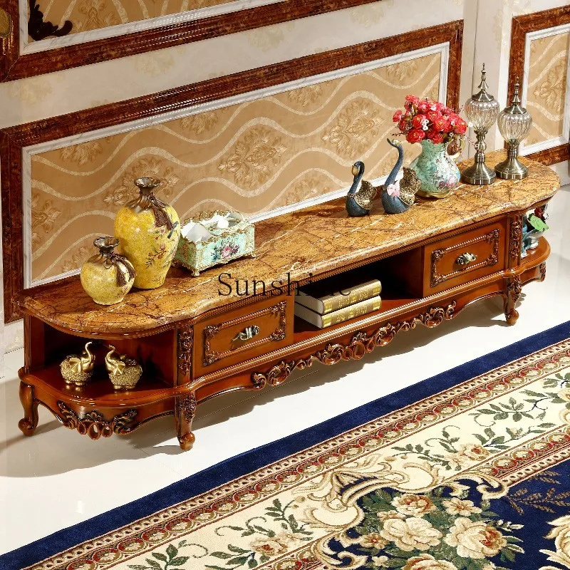 

European TV cabinet coffee table combination solid wood carving flower marble living room retro round