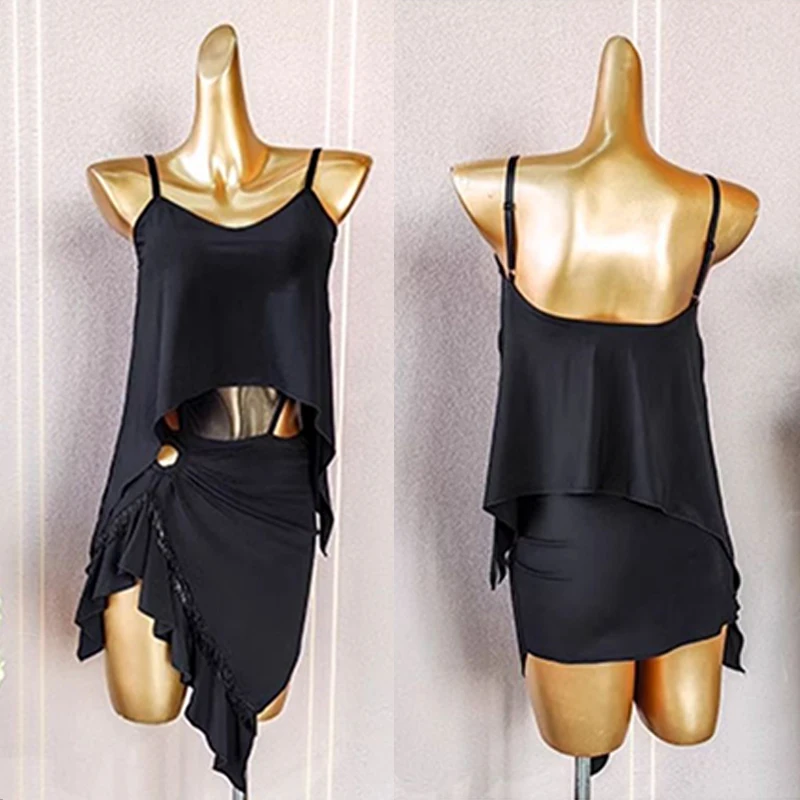 

Костюм для латинских танцев, черное ажурное платье, летняя одежда для латинских танцев, тренировочная танцевальная одежда для румбы, женские платья VDL3116