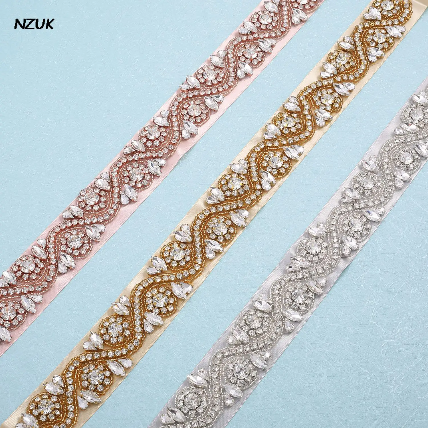 NZUK Clear Rhinestone สำหรับชุดแต่งงานคริสตัลเข็มขัดอัญมณี Rose Gold เข็มขัดเพชรเจ้าสาวอย่างเป็นทางการตกแต่งเข็มขัด