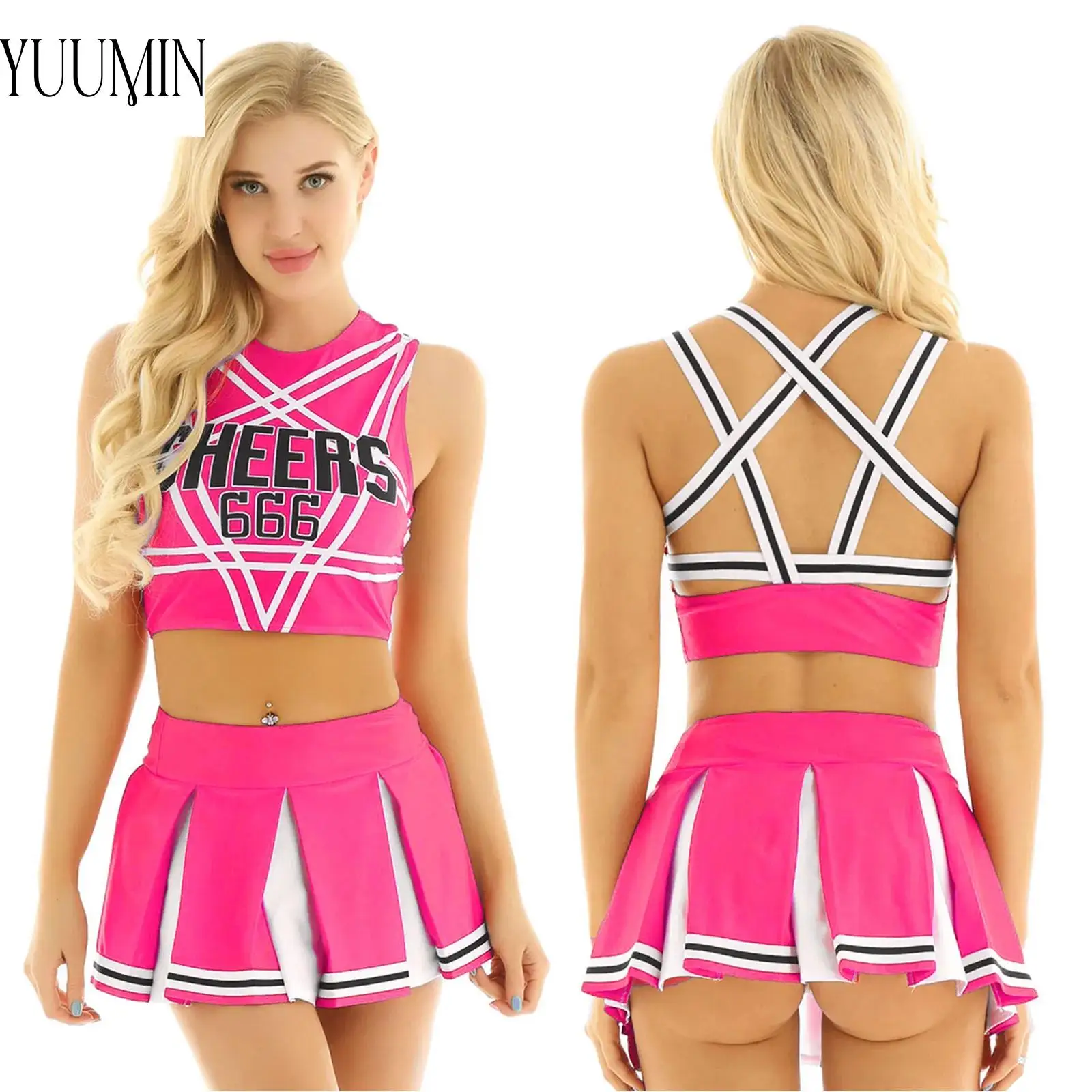 Adult Cheerleader Clothing Costume Cosplay Schoolgirl Uniform Cheerleader Outfits Sleeveless Crop Top with Mini Skirt Uniforms