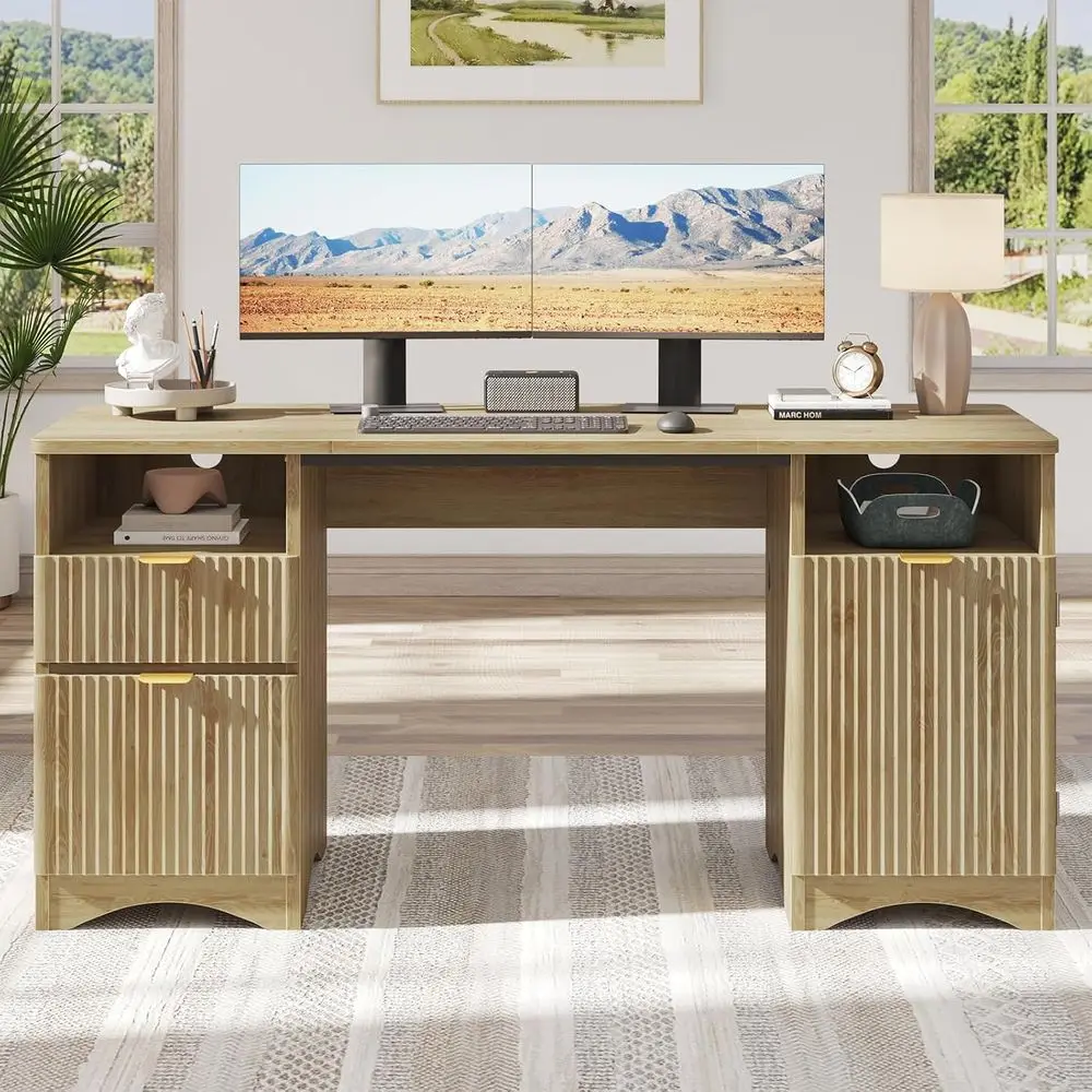 

59 Inch Dual Desk with Storage Cabinet and Open Shelves, Ideal for Home Office and Studio, Brown Oak Finish