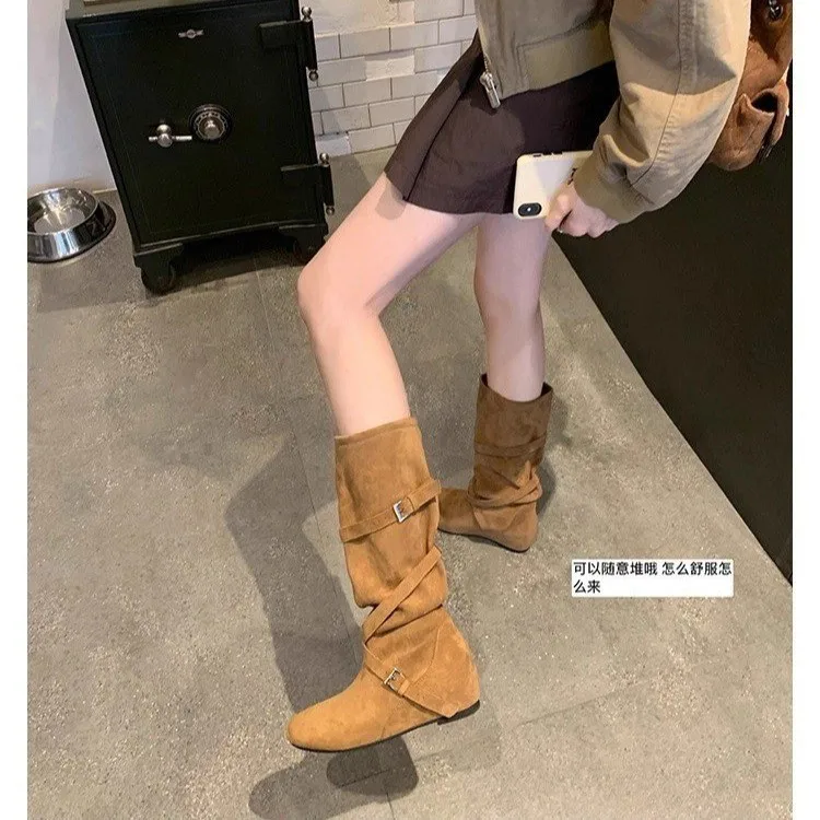 Knight boots women 2026 new British style fashionable leather long boots suede pile boots