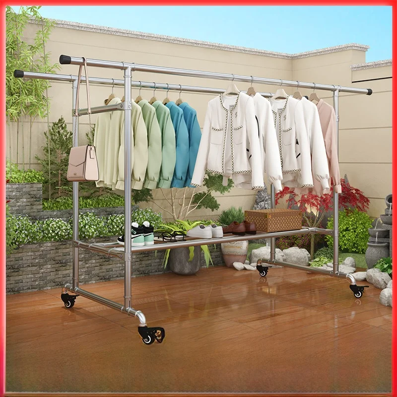 

Thickened Double Rod Floor Standing Clothes Drying Rack Windproof Portable Indoor Outdoor Clothesline Hanger Simple Design