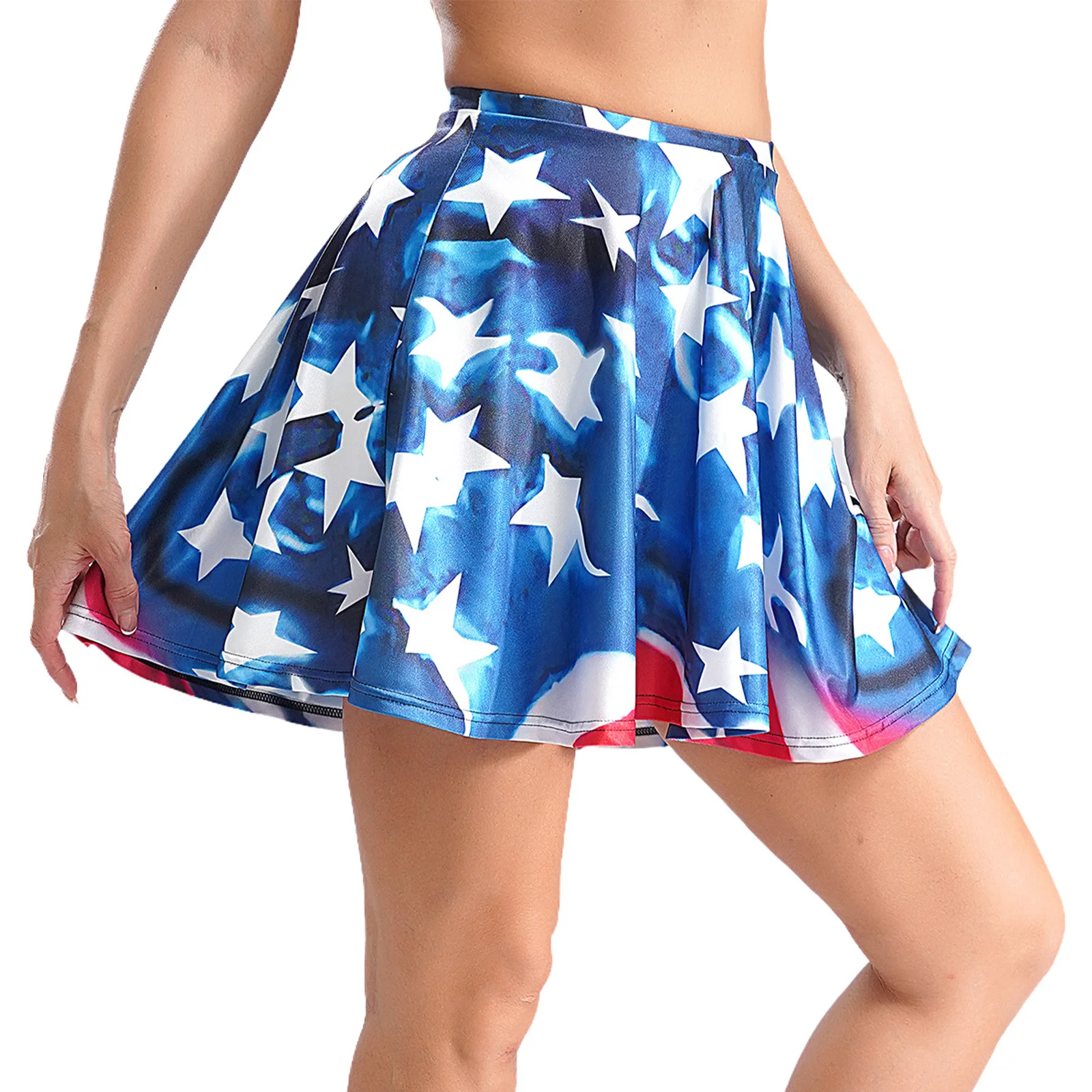 Womens Stylish Printed A-line Skirt Summer Satin Elastic Waistband Ruffled Mini Skirts for Cheerleading Dance Stage Performance