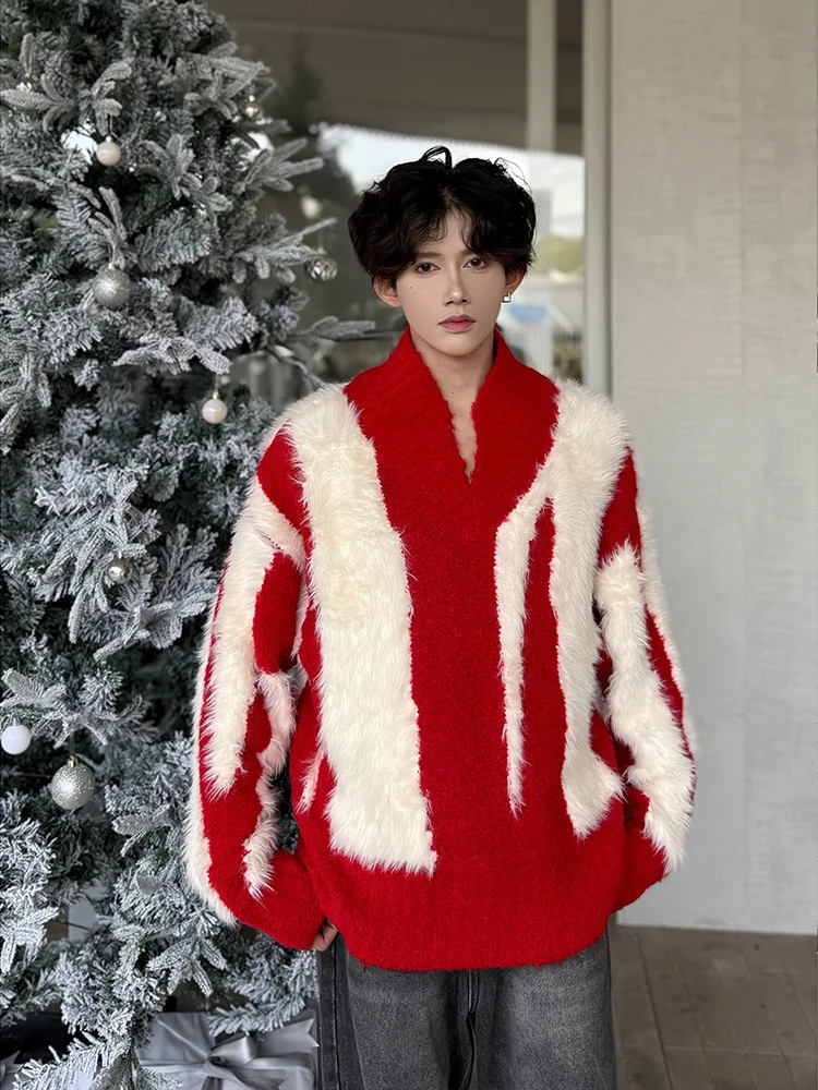 

Мужской свободный свитер Cisas, зимний повседневный вязаный свитер с V-образным вырезом, красный, на Новый год, удобный, мягкий, зимний, модный, для отдыха, базовый.