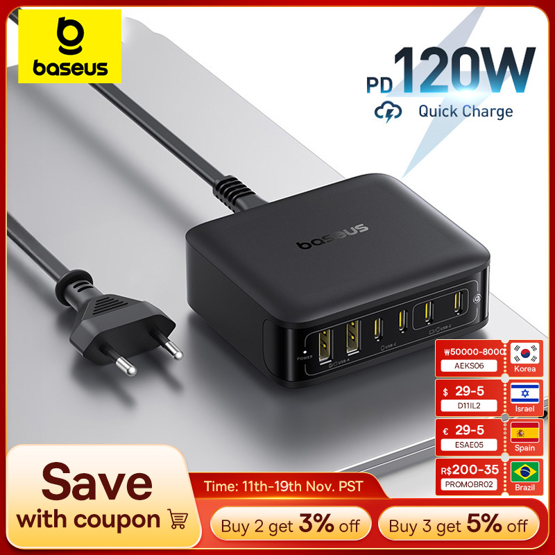  Baseus 120W Desktop Charger Laptop Fast Charger 6 in 1 Charger For iPhone 17 16 15 14 Pro Max Samsung iPad Quick Charger GaN 