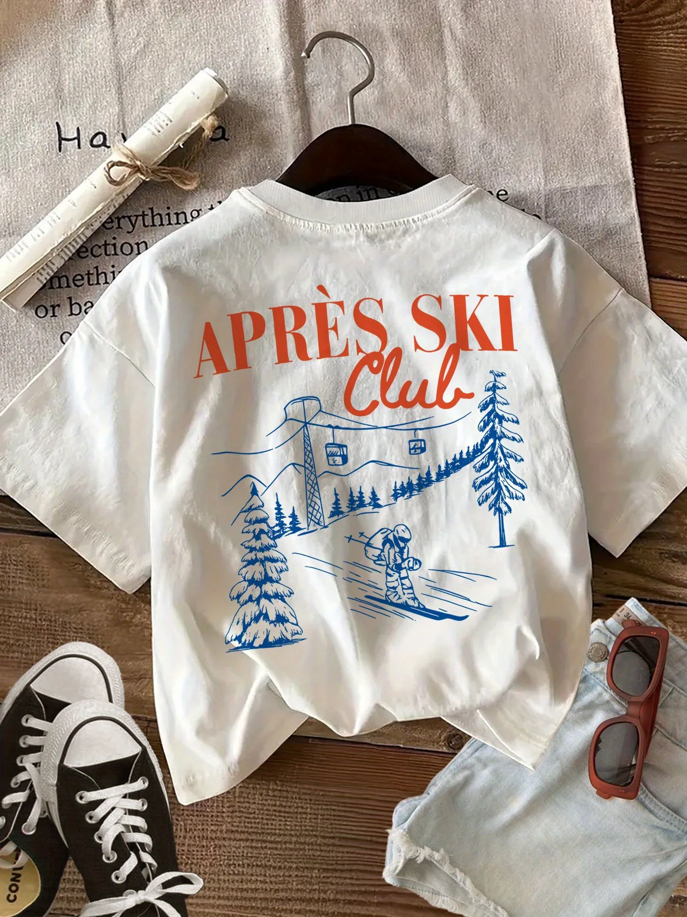 Women's Vintage Ski Club Graphic T-Shirt Soft Short Sleeve Crew Neck Casual Top Female Shirt with Iconic Mountain & Cabin Design