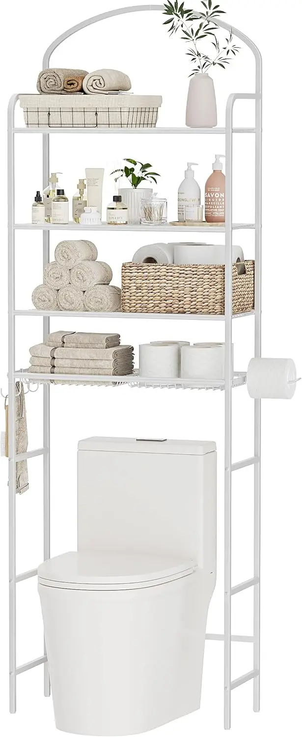 

4-Tier Over Toilet Storage Rack with Hooks and Paper Holder, Space-Saving Bathroom Organizer, White Metal Shelf