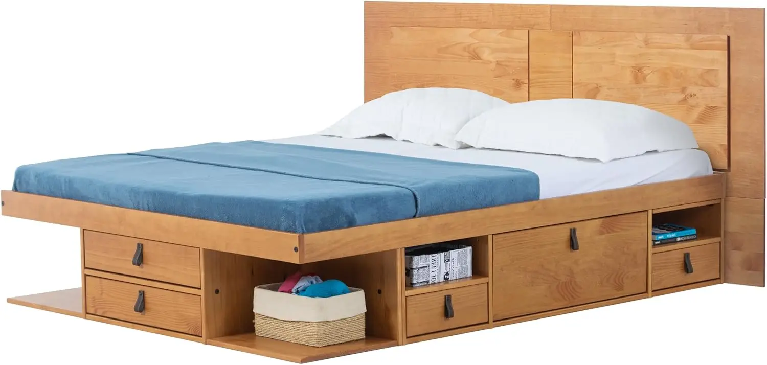 memomad Bali Slim Set: Storage Platform Bed with Drawers + Flat Panel Headboard (Queen Size, Oak Brown Wood)