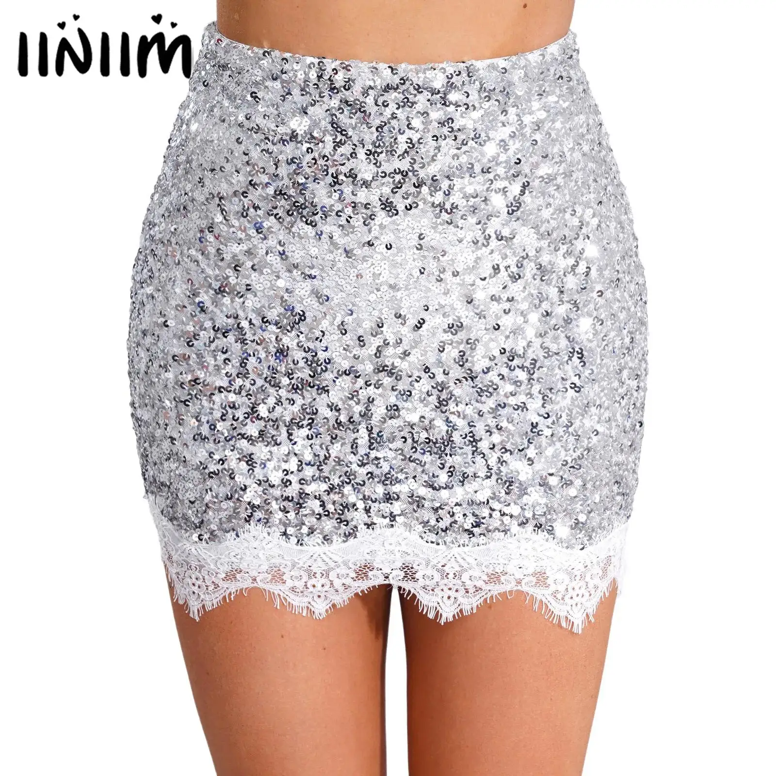 Womens glittery pailletten bodycon minirok hoge taille kanten rand rok met veiligheidsonderbroek A-lijn korte rok cocktailkostuum