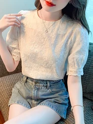 Summer New Short Sleeve Blouse Women O-Neck White Blouse Shirt Women Tops Blusas Mujer De Moda 2024 Verano Blouses Shirts G440