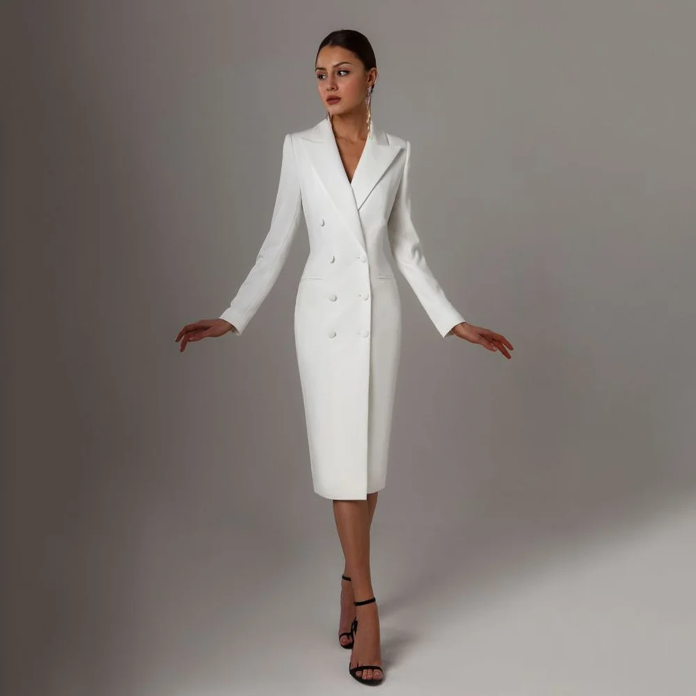 White Women Jacket One Piece Elegant Office Lady Formal Casual New In Outerwears Fashion Basic Double Breasted Tea-Length Coat