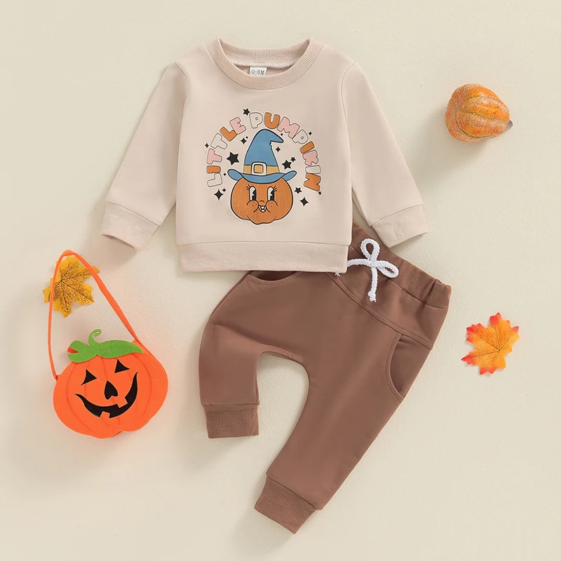 2024-05-16 Lioraitiin Baby Boy Halloween Clothes Pumpkin Print Long Sleeve Sweatshirt and Elastic Pants 2Pcs Track Suit Outfits