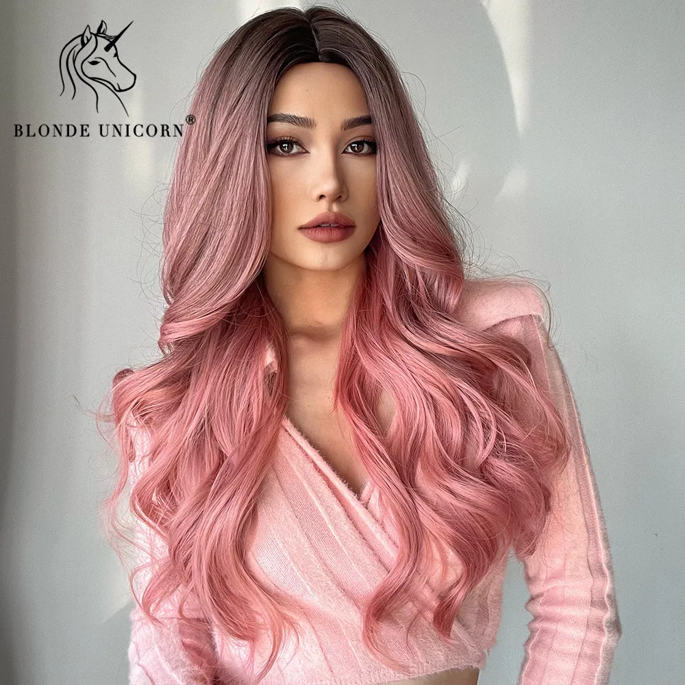 Blonde Unicorn Synthetic Long Wavy Wig Dark Root Ombre Pink For Women Cosplay Daily Party Wigs Heat Resistant Fiber Bangs Hair