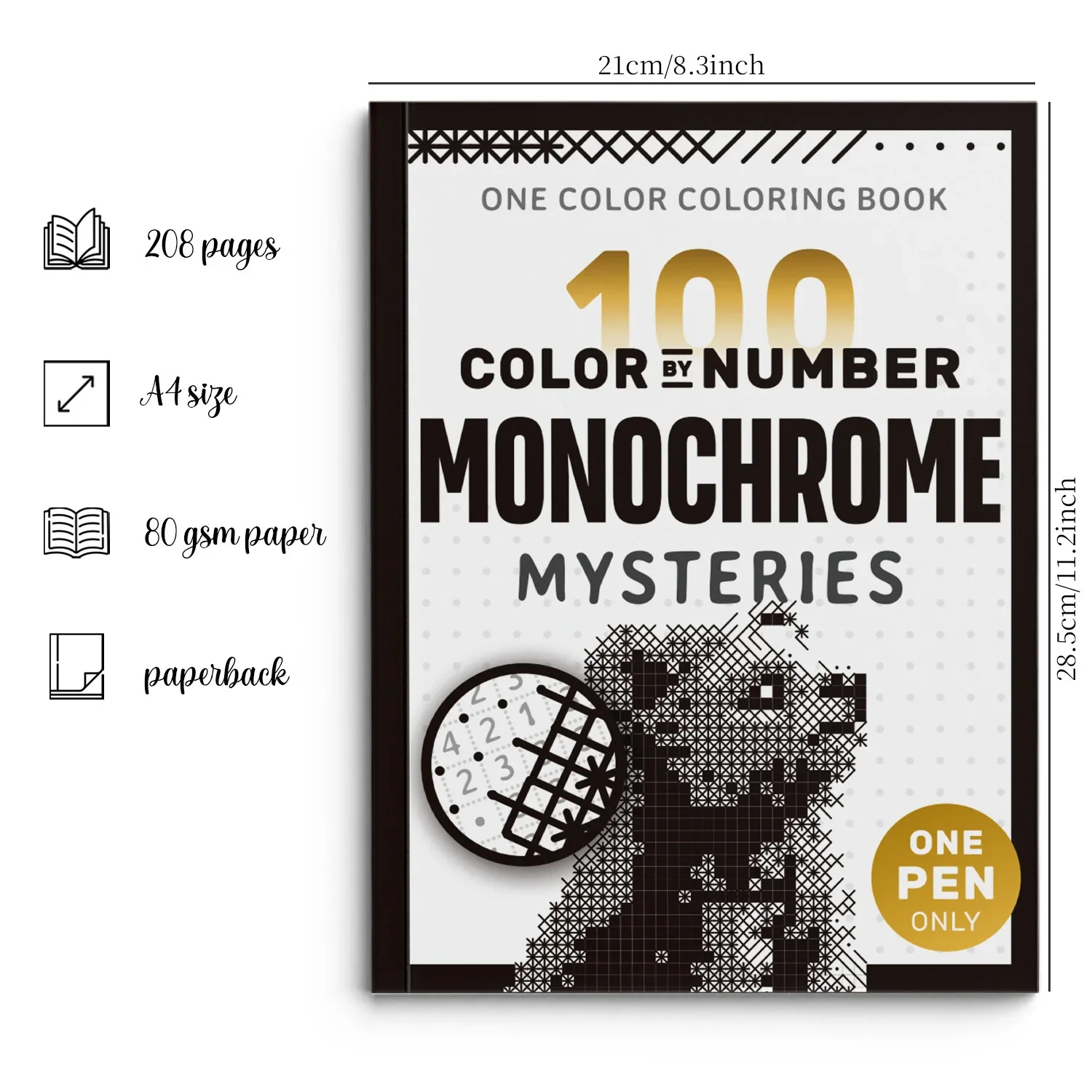 Monochrome Pixel Digital Puzzle Colorin Book with 100Pattern Art Activit Book for Teen Adult Stress Relief Creative Drawing Book
