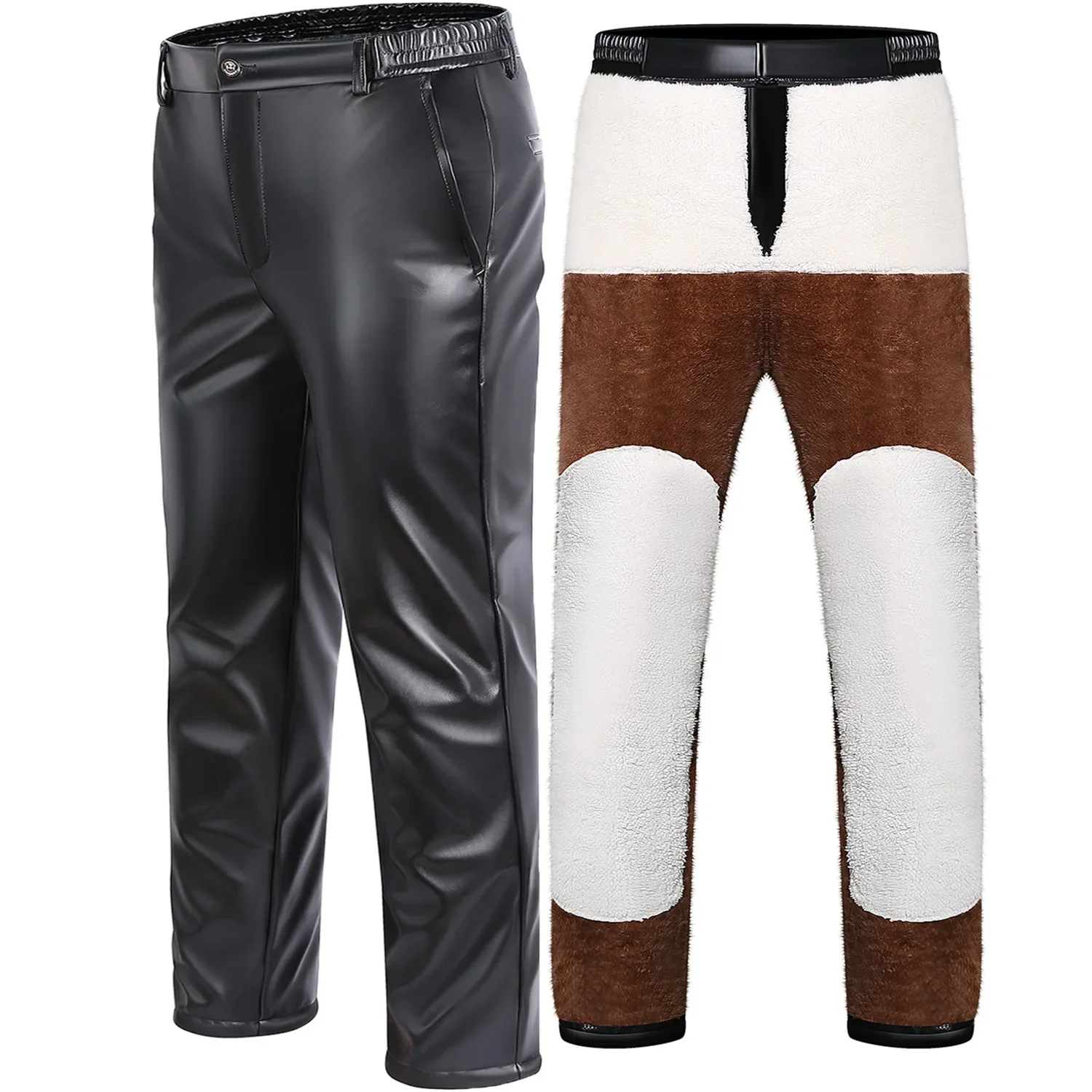 Autumn/winter Mens Leather Pants Loose Windproof and Warm Motorcycle Middle-aged and Thickened PU Leather Pants