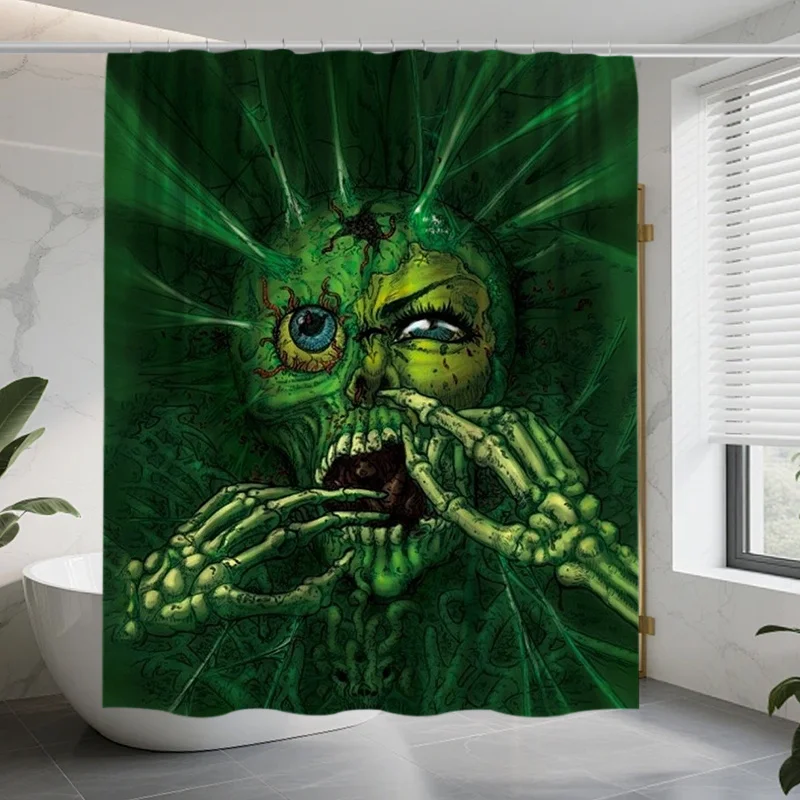Green Zombie Face Shower Curtain, Scary Horror Skull Pattern Waterproof Bath Curtain, Spooky Halloween Bathroom Decor for Men