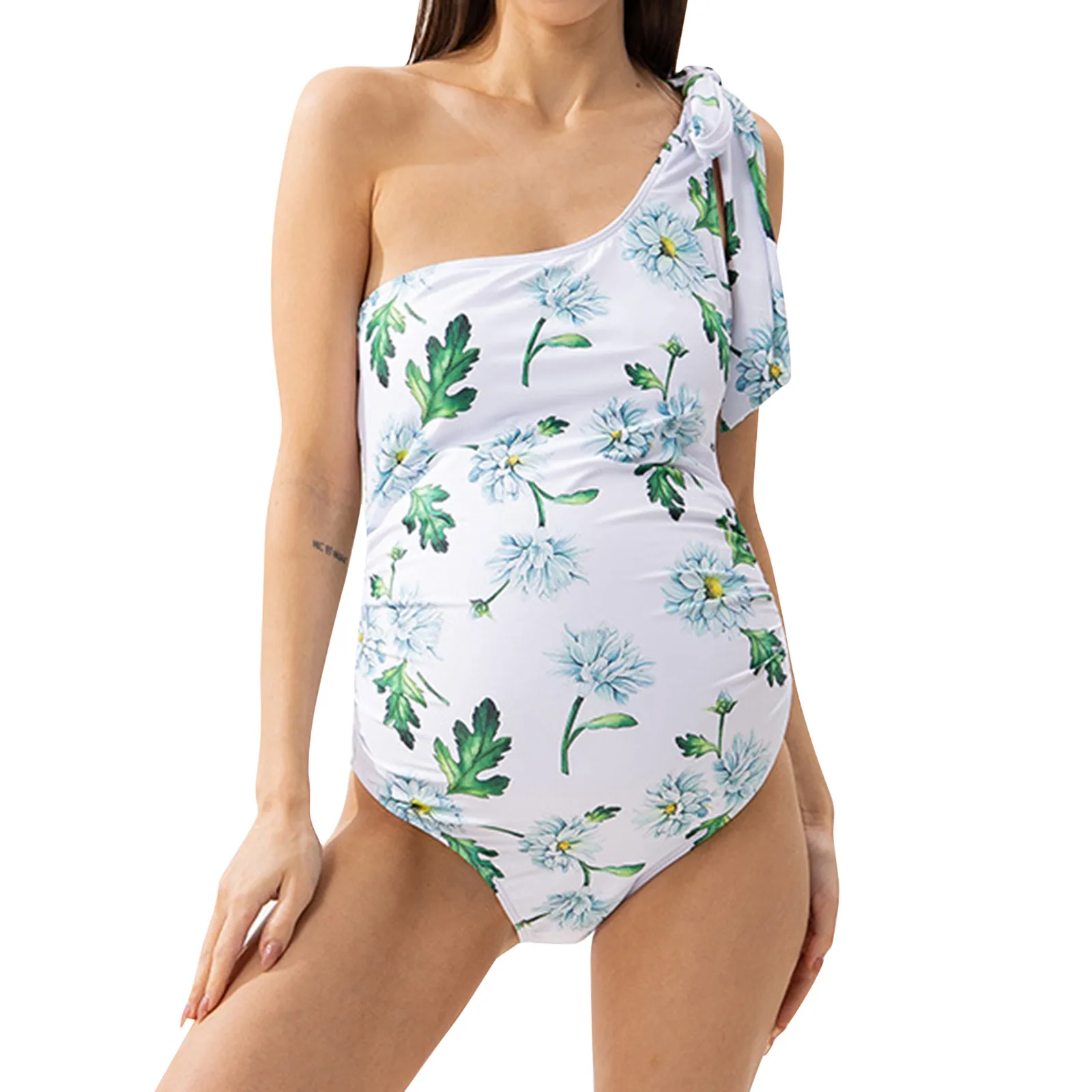 

One Piece Swimsuit Maternity Floral Print One Shoulders Swimwear Pregnancy Women Backless Bathing Suits Chest Drawstring Bikinis