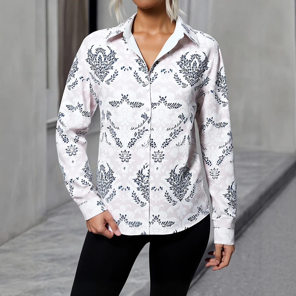 

Mia Muse 2025 Women's Shirts Autumn Comfy Full Print Button Front Long Sleeve Shirt Collar Fashion Fitting Slim Shirts