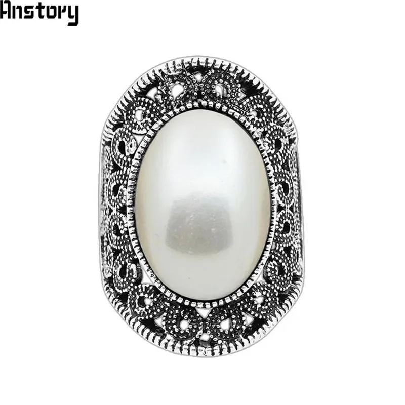 Oval Pearl Rings For Women Vintage Hollow Flower Rings Antique Silver Plated Wedding Party Rings Fashion Jewelry