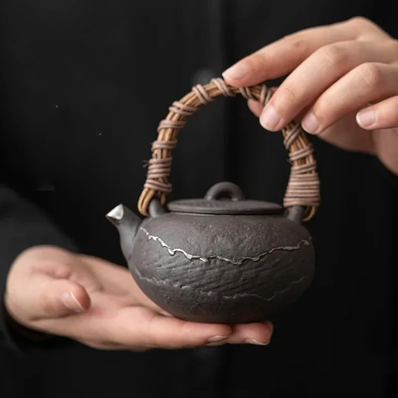 Empty Zhai Mugu Loop-Handled Teapot Retro Old Rock Clay Silver Gilded Handmade Kung Fu Ball Hole Filter Tea Kettle Tea Infuser