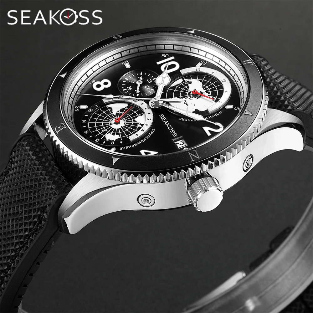 SEAKOSS Men\'s Diving Watch 1963 Earth Automatic Mechanical Watch Year Month 24Hours Display 100m Dive Super Luminous Wristwatch