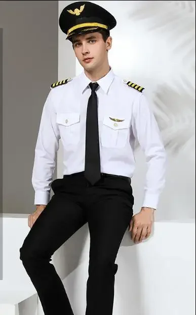 Aircraft Captain Uniform Pilot Shirt Summer Men  Blouse White Crew Commander Work