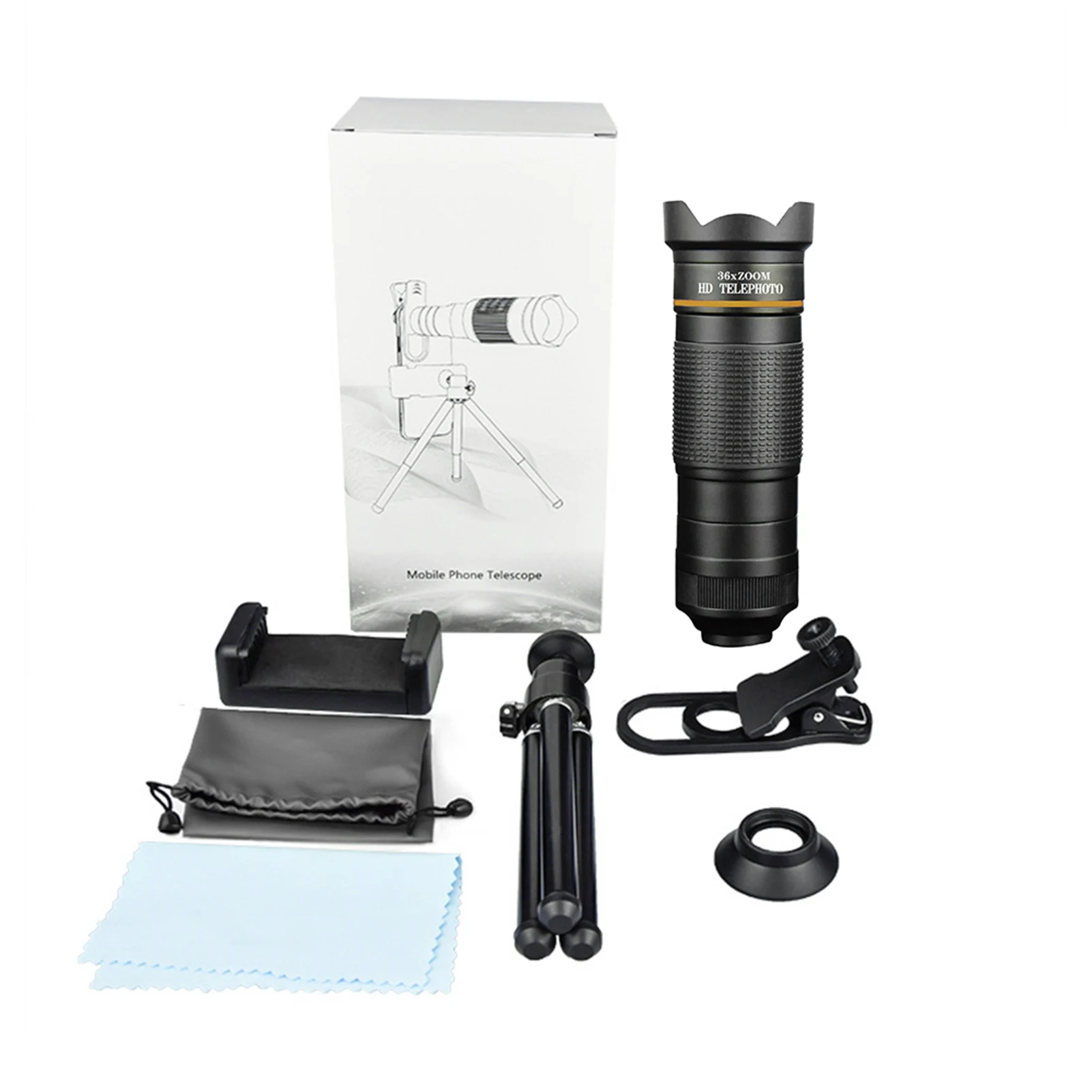 

36X Phone Telephoto Lens Kit with Tripod Phone Clip Phone Holder Lens Bag Cleaning Cloth for Hiking Camping Wildlife Observ