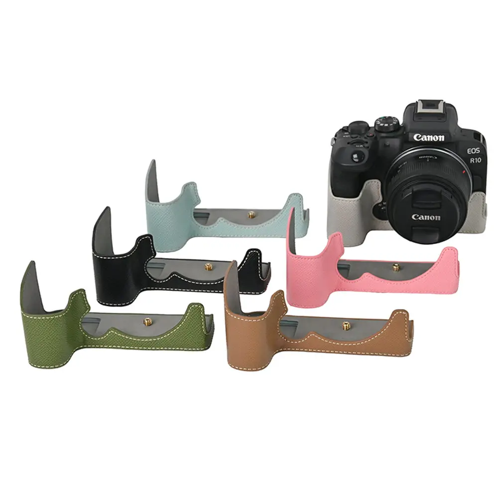 Camera Half Body Case For Canon EOS R50 R10 R8 Palm Print PU Leather  Battery Opening Bottom Cover With Hand Strap