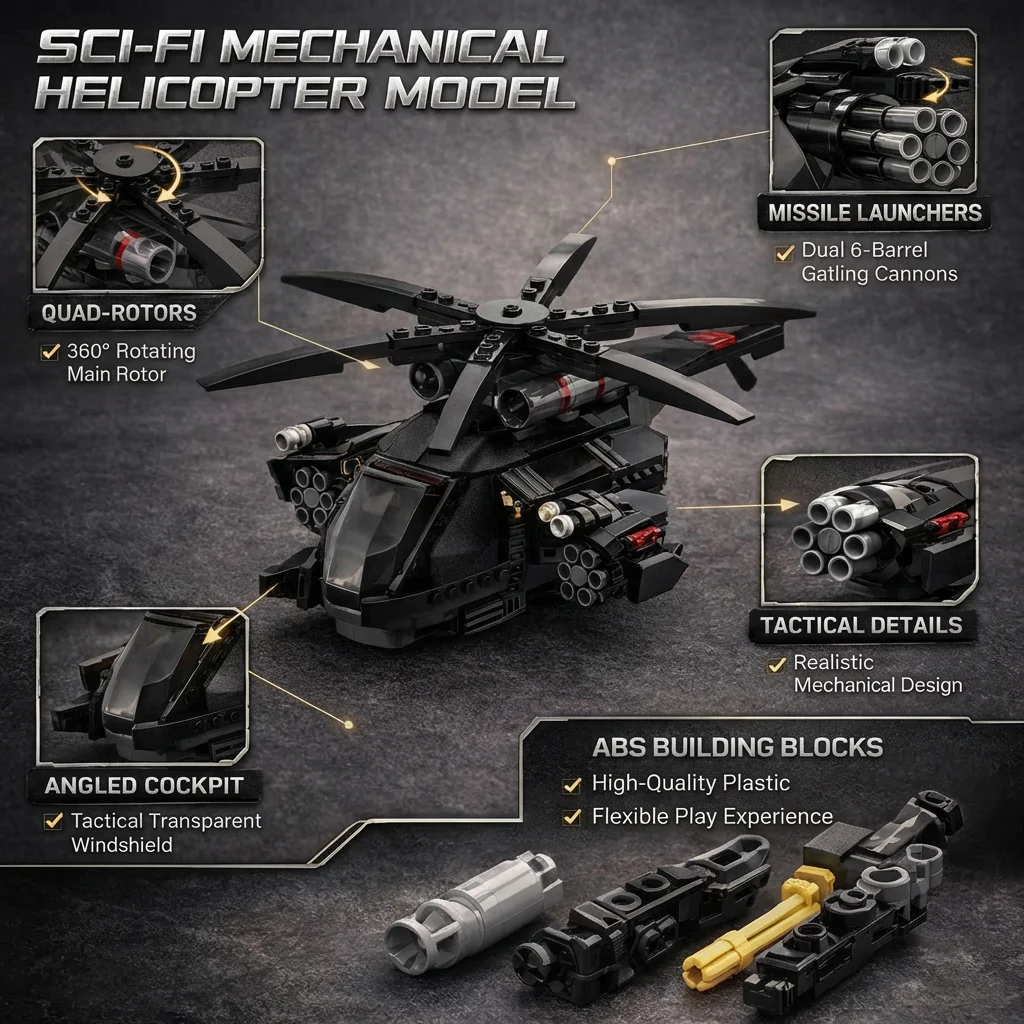 MOC Tactical Sci-Fi Helicopter Model, Rotating Main and Tail Rotors, ABS Building Blocks, DIY Assembly Kit for Display and Play