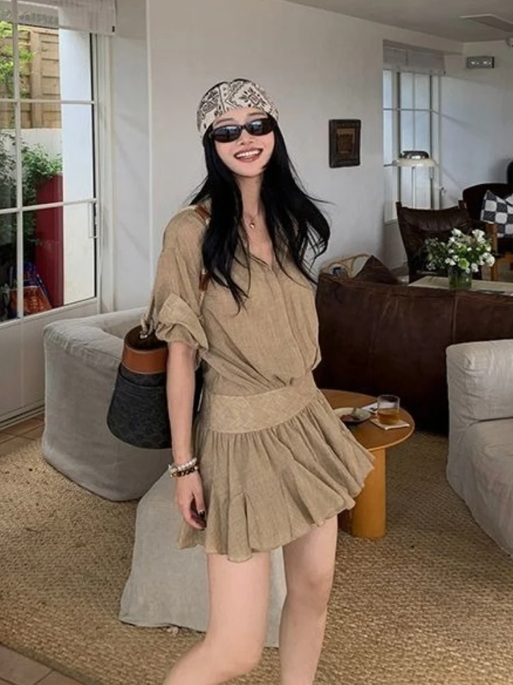 Abiti camicia vintage estivi Nuovo falso in due pezzi Harajuku Y2k Camicia a maniche corte Abito a pieghe Corea Chic Patchwork Abiti da donna