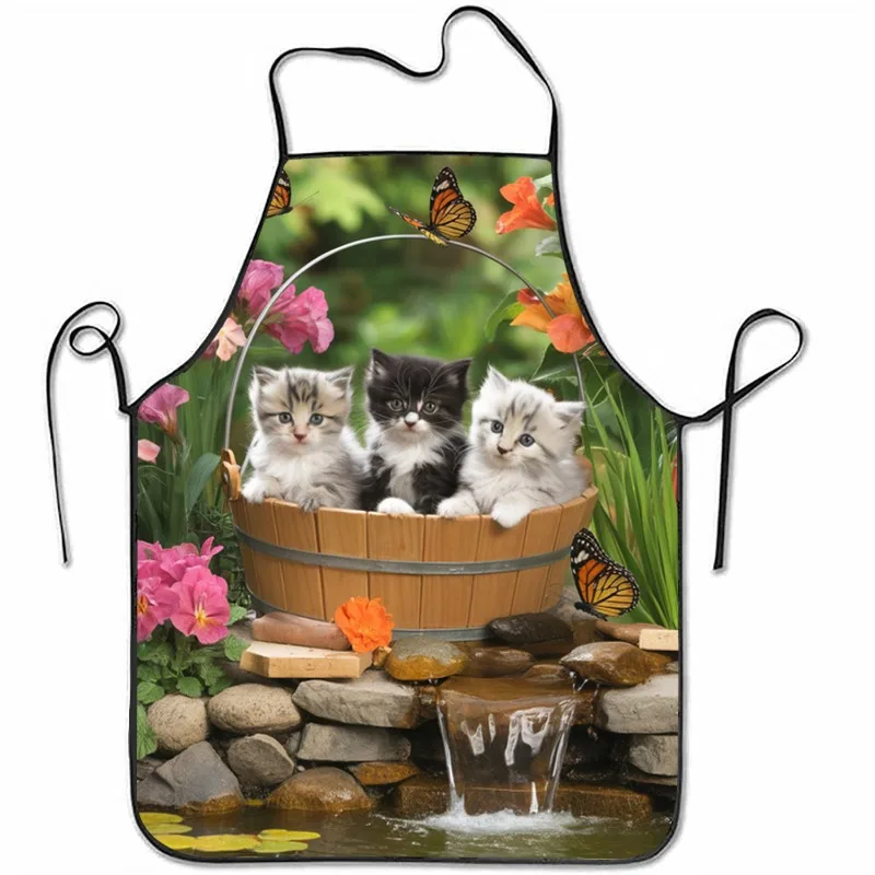 1pc Cute Kitten With Apron - Lightweight And Durable Kitchen Apron Featuring An Adorable Kitten In A Basket With Floral And Prin