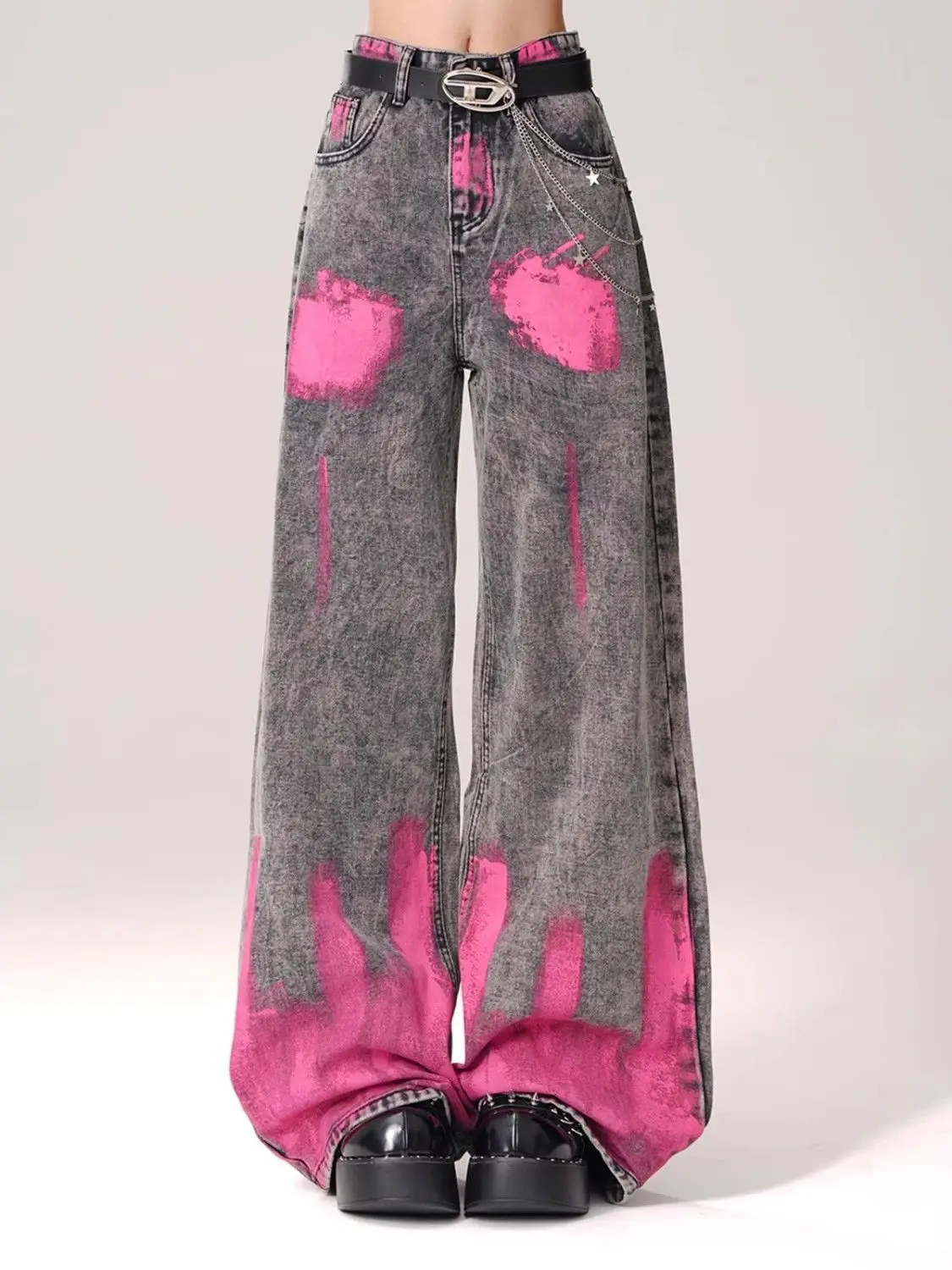 American High Street Graffiti Print Straight Jeans Women High Waist Slim Wide Leg Loose Drape Floor Length Pants