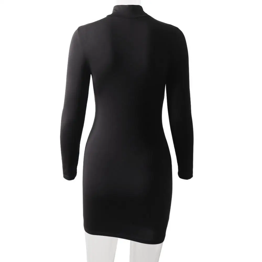 فستان نسائي قصير بأكمام طويلة ياقة مدورة ، ضيق ، قصير ، نحيف ، مثير ، أساسي ، وركين ، ربيع ، خريف ،