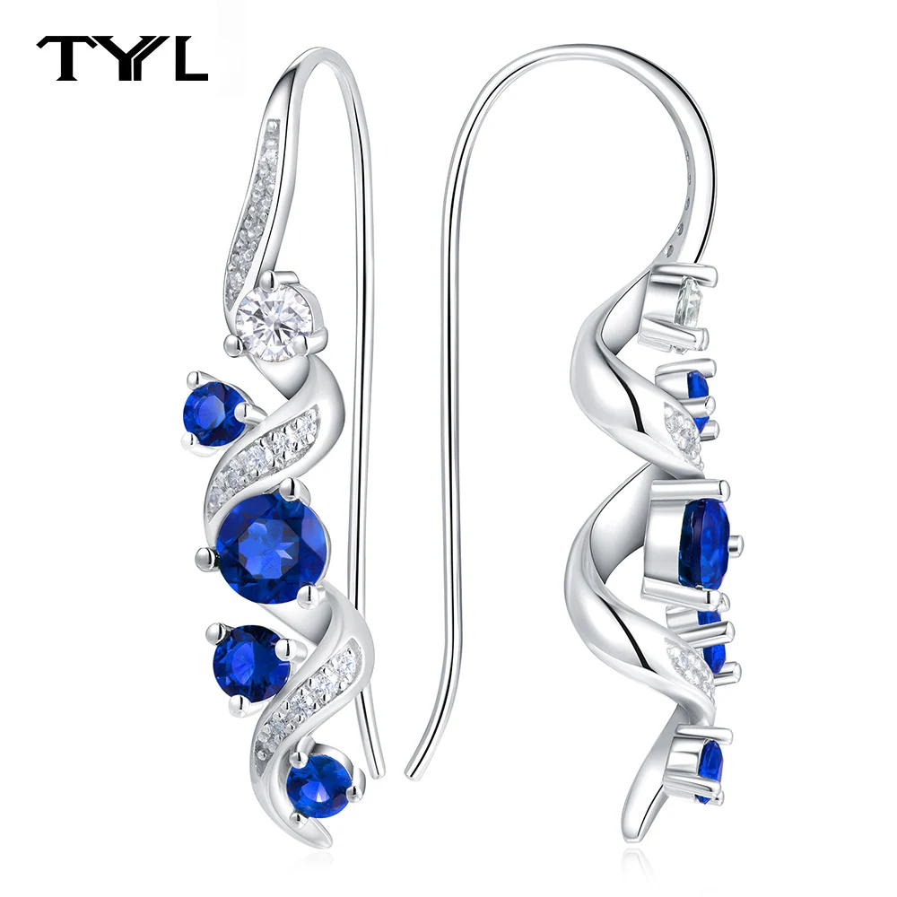 

TYYL Sapphire Emerald Ruby Moissanite Long Ear Hook Needle Spiral Drop Earrings 925 Silver Wire Piercing Women's Wedding Jewelry