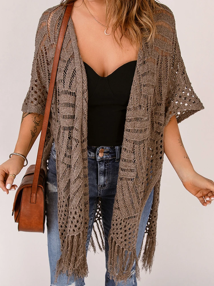 

Solid Color Mesh Sheer Knitted Tunic Beach Cover-ups Beach Wear Female 2024 New in Summer Sexy Fringe Women Tassel Cardigan