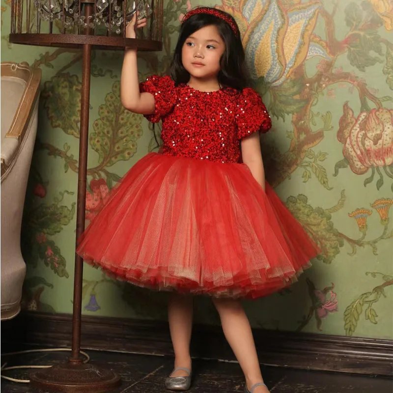 Kids Birthday Party Dresses for Little Girl Size 3 To 12 Years Prom sequin Dress Luxury Gowns Big bow Evening Formal Frock